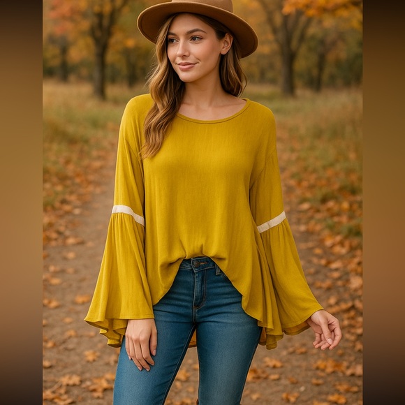 DAVI & DANI Tops - Davi & Dani Mustard Brown Bell Sleeve Top Women’s Size M